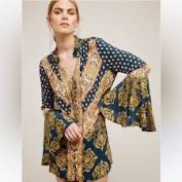 Tops - Free People Magic Mystery Tunic, Deep Teal & Mustard Paisley Print, Size Small
